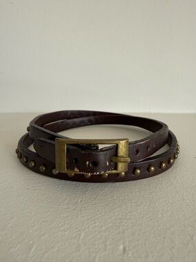 Brown Leather Studded Wrap Bracelet Belt with Brass Buckle